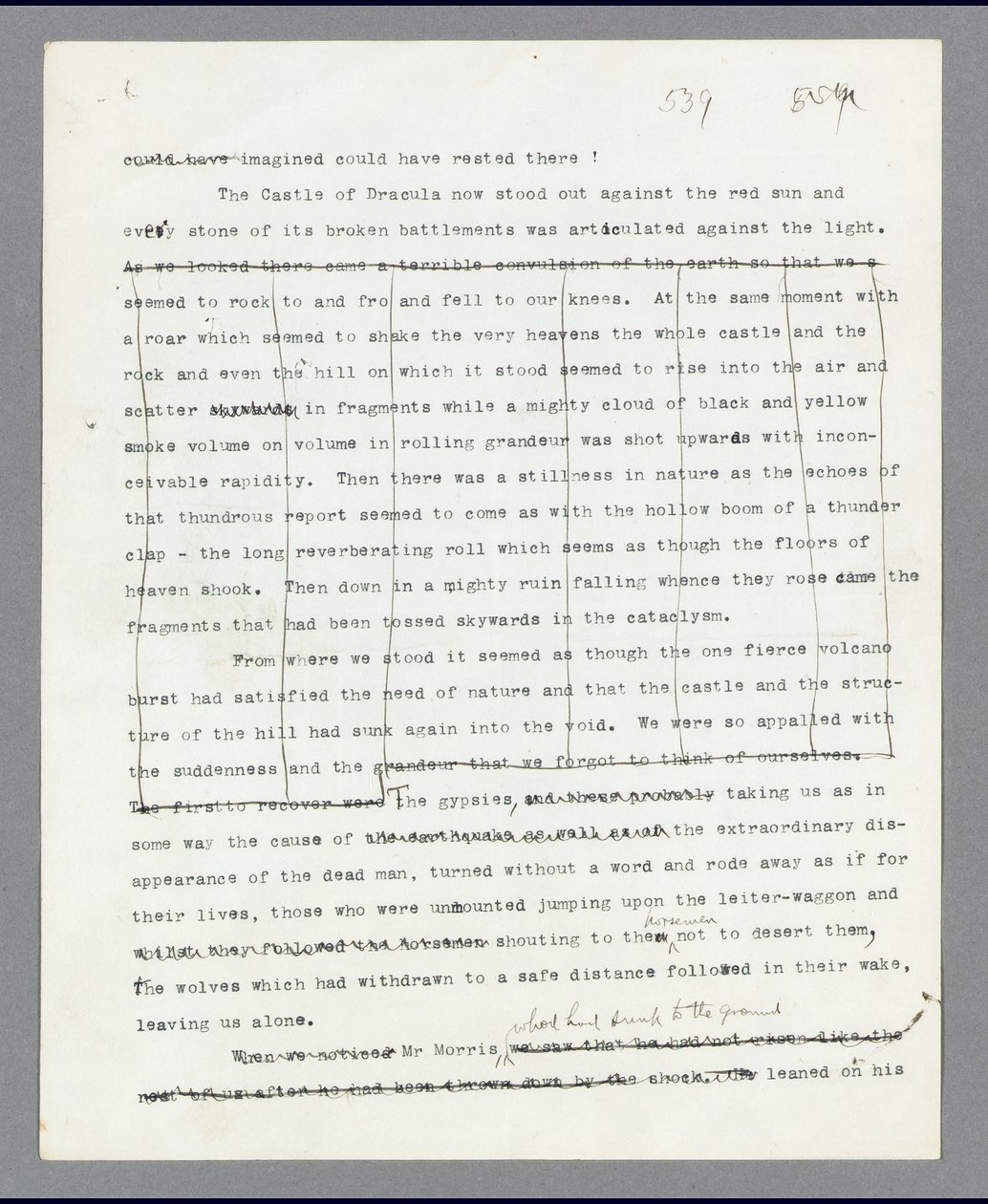 Side 539, kapittel 27, Den slettede passasjen som beskriver ødeleggelsen av Draculas slott, fra Bram Stokers originale maskinskrevne manuskript av 