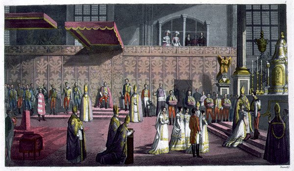 Ungarns primat som kroner dronningen i Collegiate Church, Westprim, Ungarn, plate 5 fra 