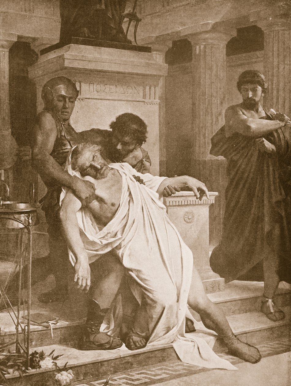 Demosthenes død, illustrasjon fra 'Hutchinsons History of the Nations', ca. 1910 av Bramtott