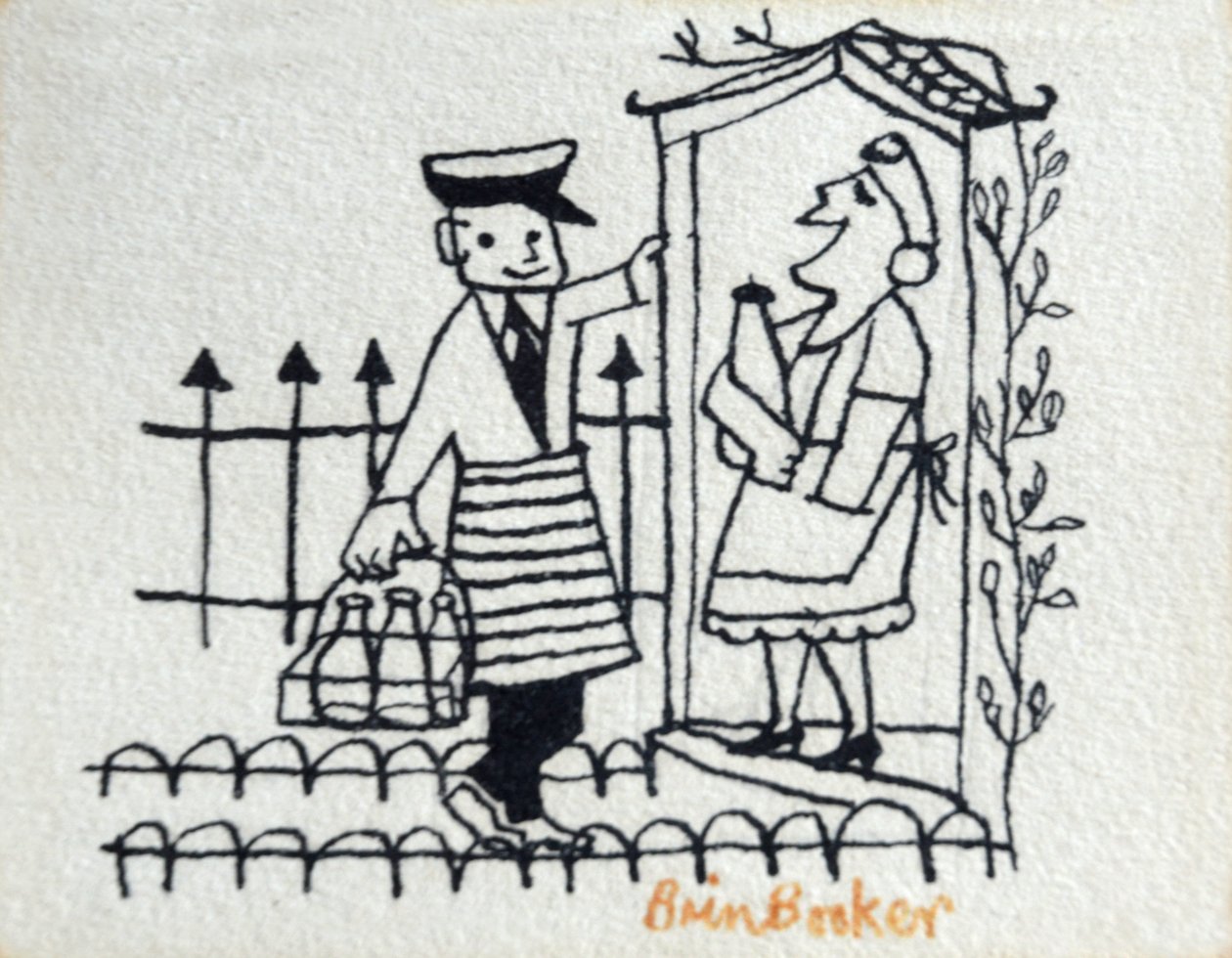 The Milkman (penn og blekk på håndlaget papir) av Brenda Brin Booker