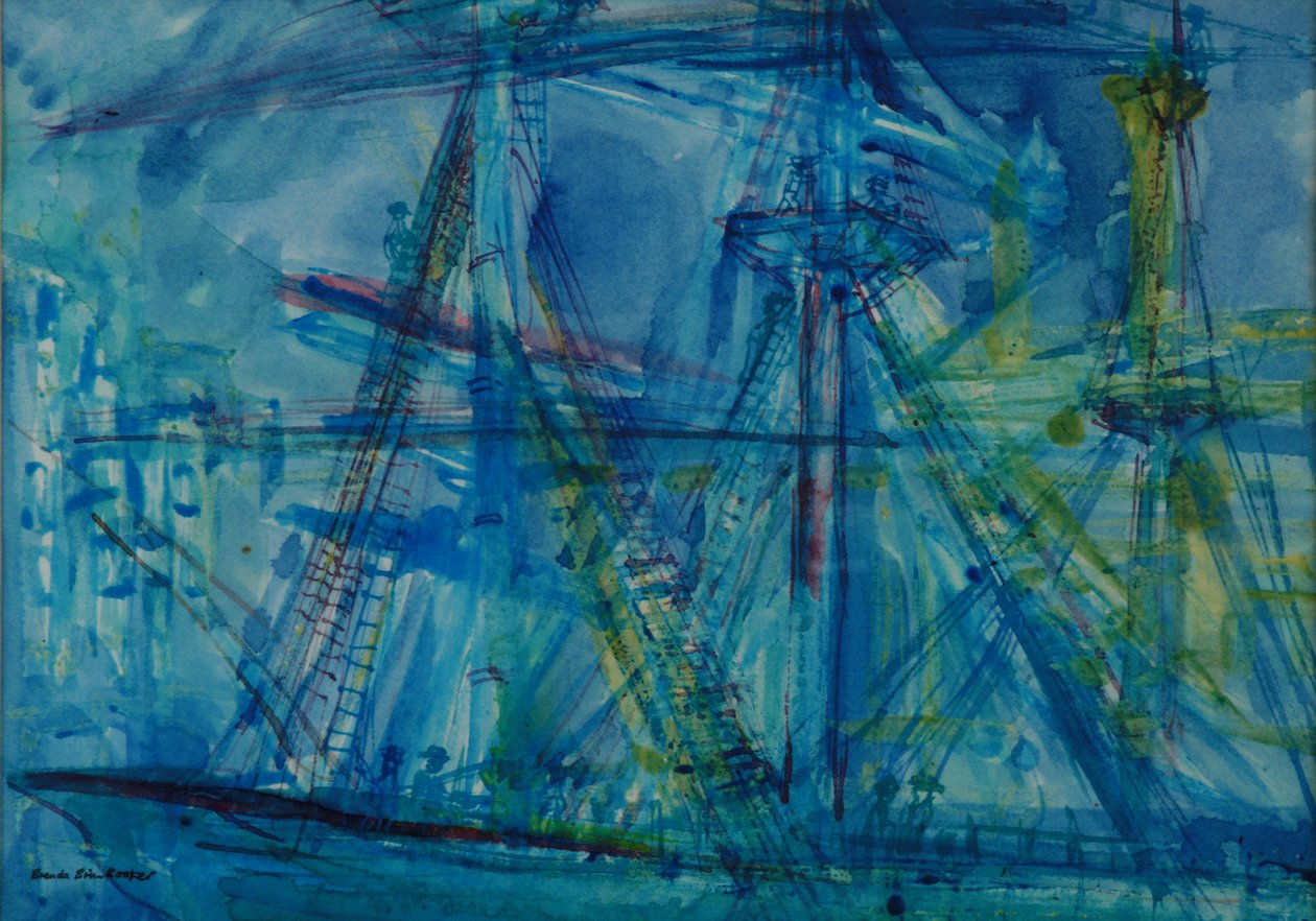 Blue Schooner (penn og blekk med wc på papir) av Brenda Brin Booker