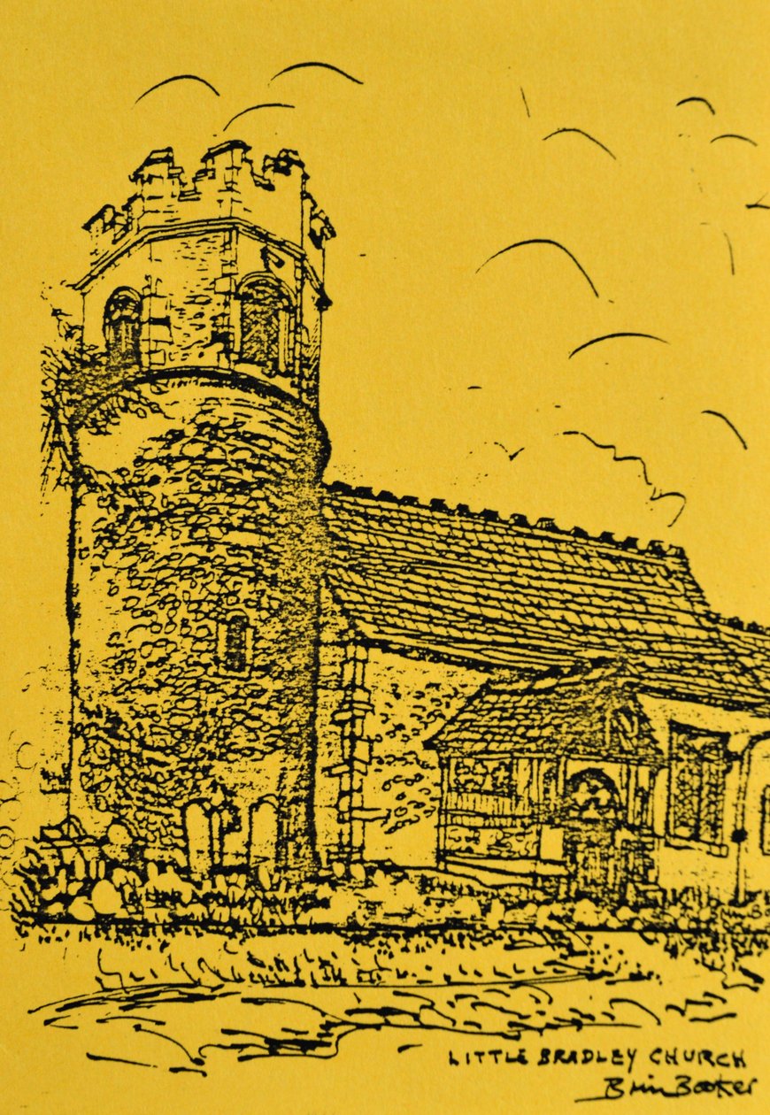 Little Bradley Church, Suffolk (blekk på gult papir) av Brenda Brin Booker