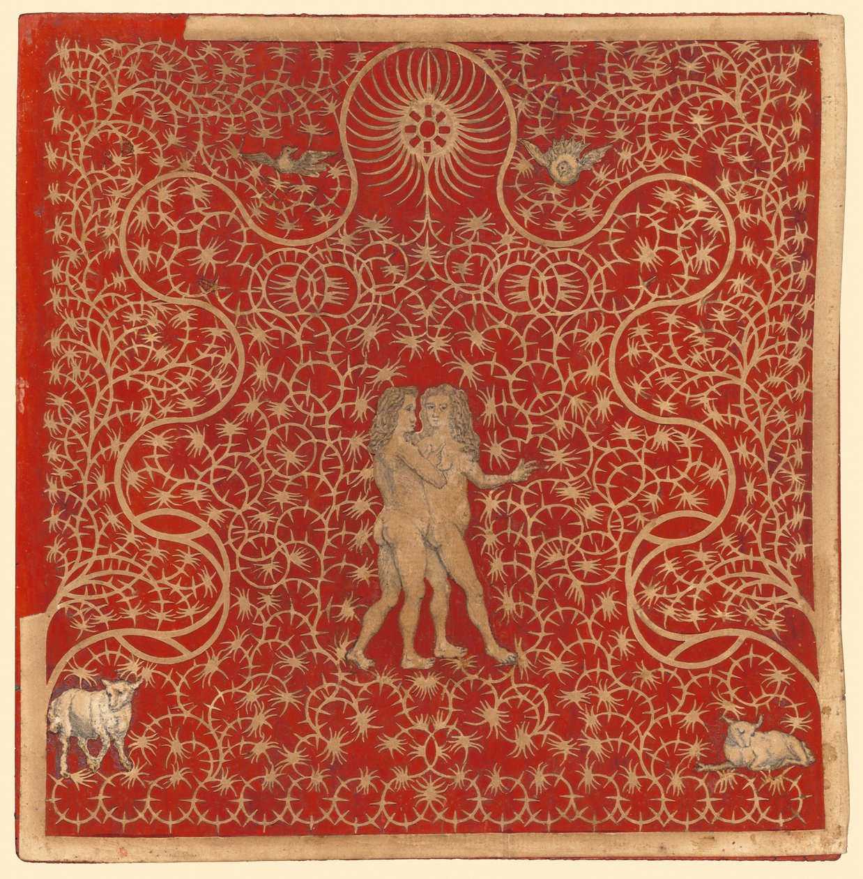 Adam og Eva i hagen med to sauer og to duer av British 18th Century
