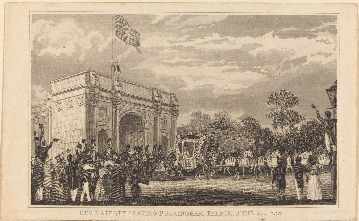 Hennes Majestet forlater Buckingham Palace, 28. juni 1838 [venstre halvdel] av British 19th Century