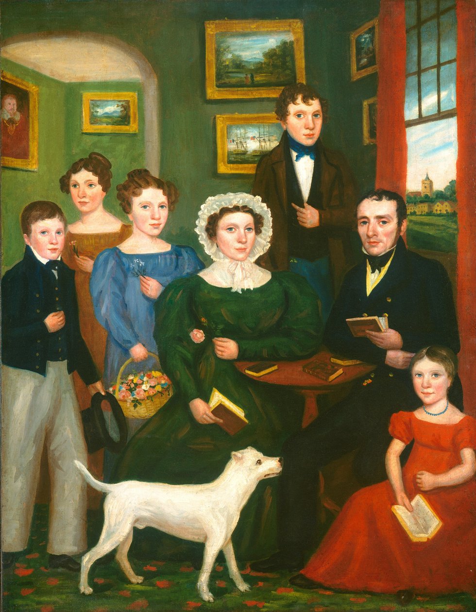 Portrett av en ukjent familie med en terrier av British 19th Century