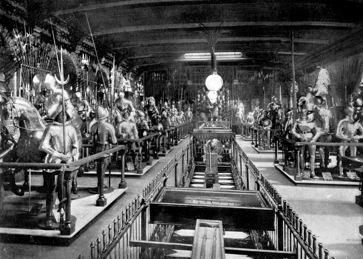 Henry VIII Horse Armoury, halshuggingsøksen og blokken, Tower of London, 1890 av British Photographer