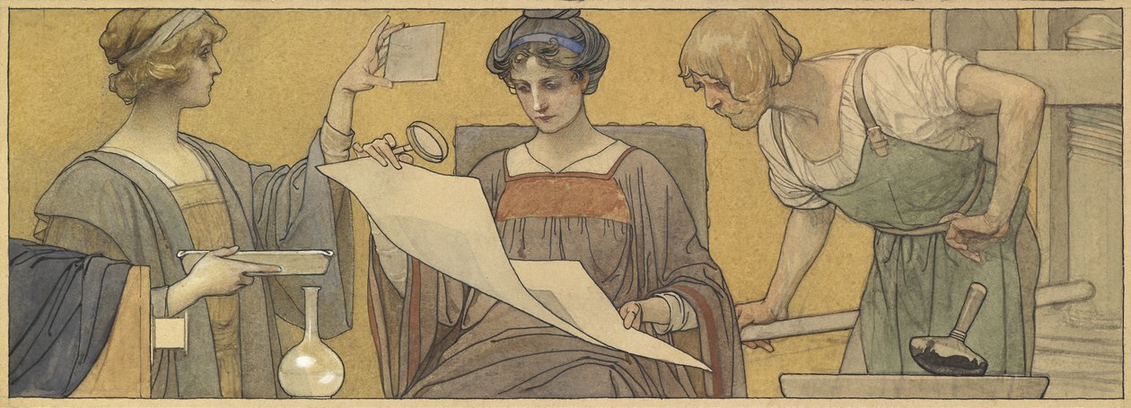 An Allegory of Printing and Photography (akvarell med kroppsfarge og penn og blekk på papir) av British School