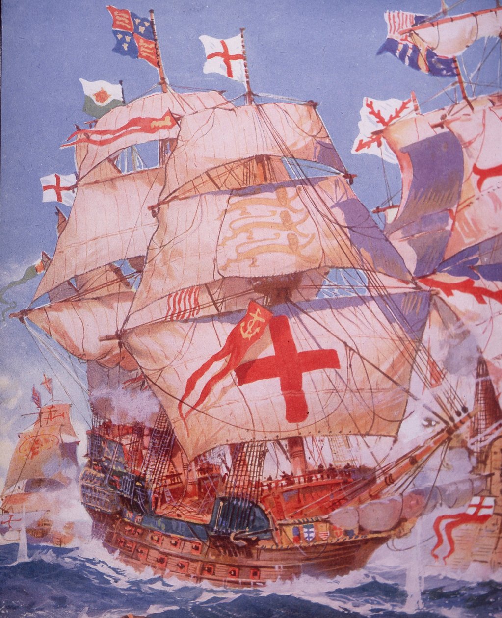 Ark Royal kjempet mot spansk armada i 1588 (farge litho) av British School