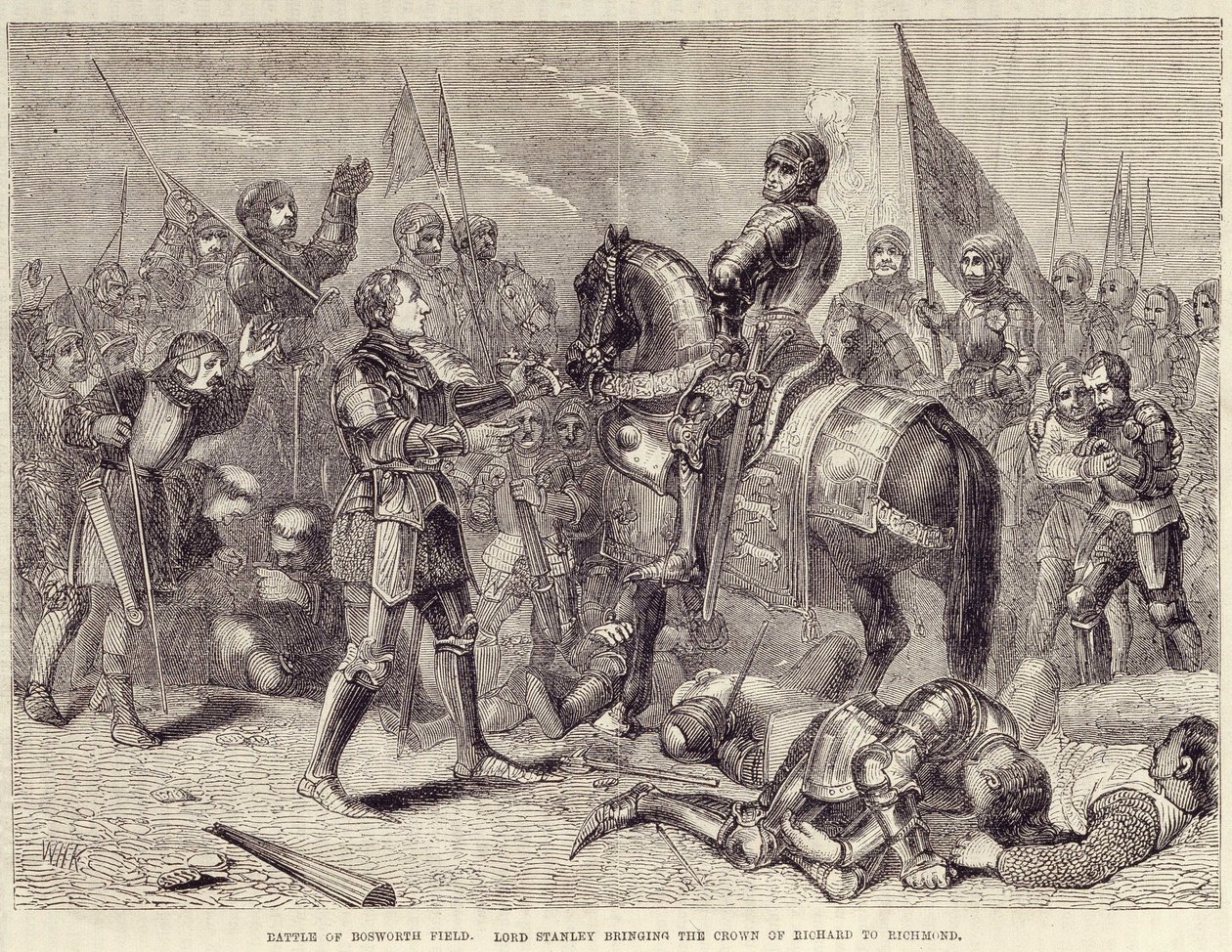 Slaget ved Bosworth-feltet. Lord Stanley bringer kronen til Richard III til Richmond (1485): slutten av krigen om de to roser - i "" Cassells illustrerte historie om England", vol. II, av William Howitt av British School