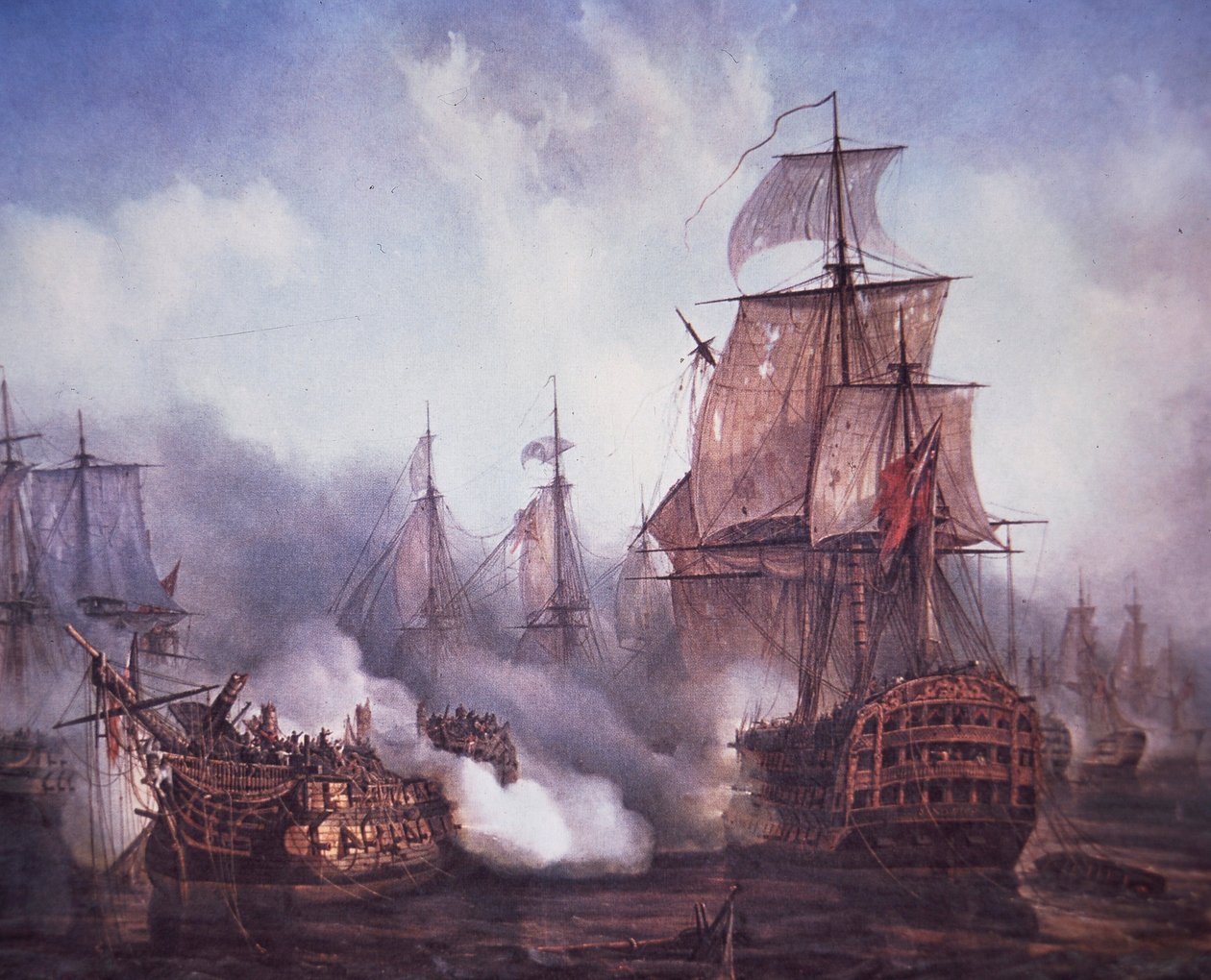 Slaget ved Trafalgar i 1805 (farge litho) av British School