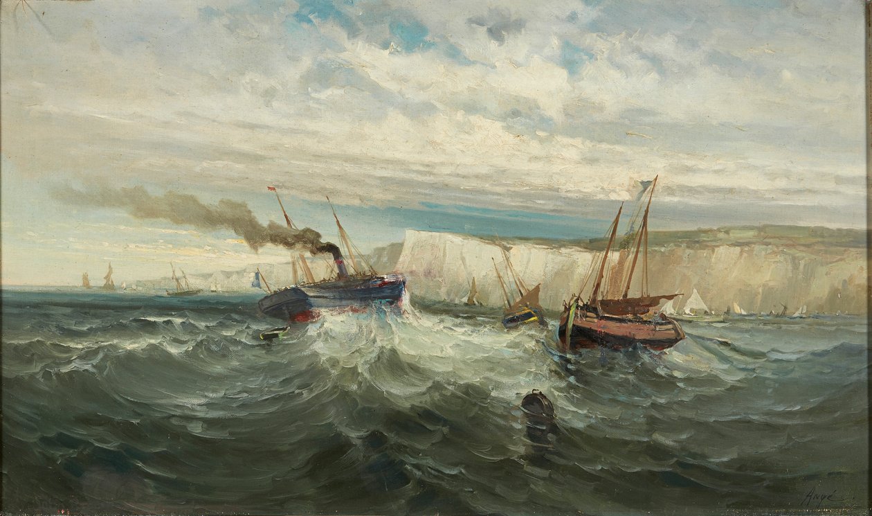Breaking Waves at the White Cliffs of Dover (olje på lerret) av British School