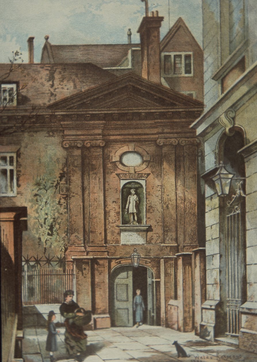 Christ's Hospital for foreldreløse barn, Newgate Street, London, ca. 1885 (farge litho) av British School