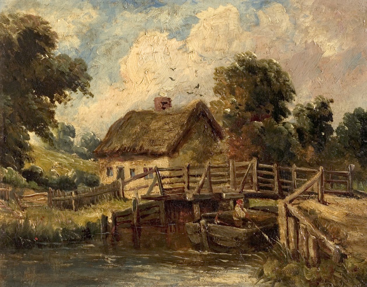 Hytte nær East Bergholt, Suffolk (olje på lerret) av British School