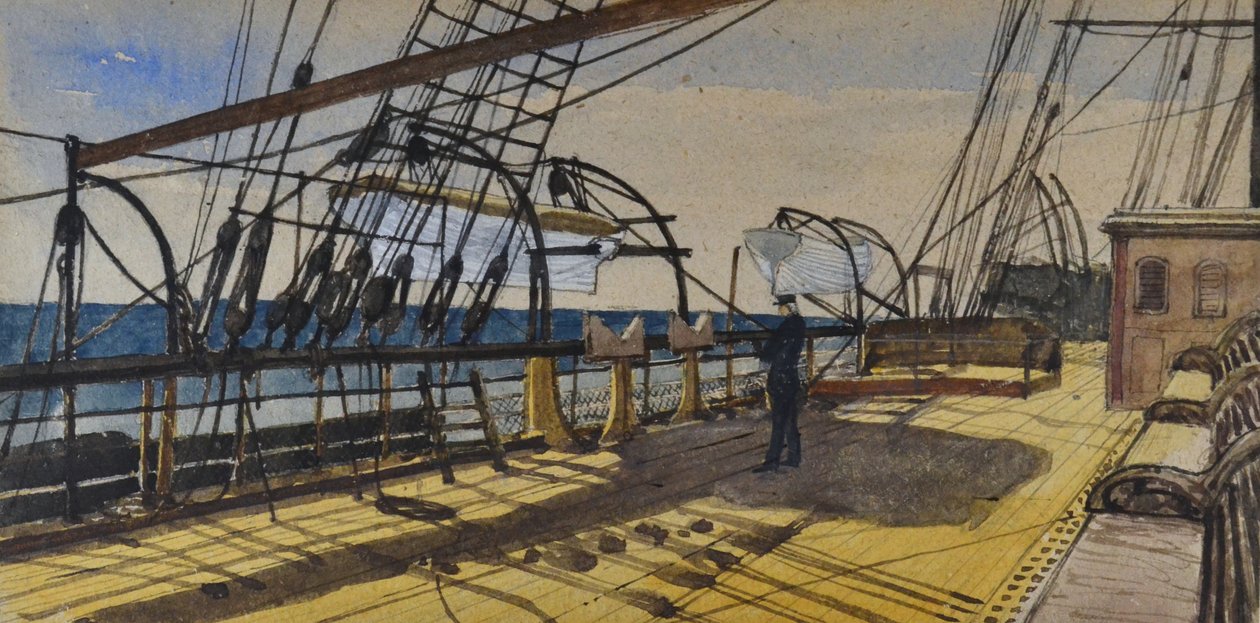 Dekk av Royal Steam Packet Lines SS Don på vei til Demerara, innskrevet, ca. 1880-90 (akvarell) av British School