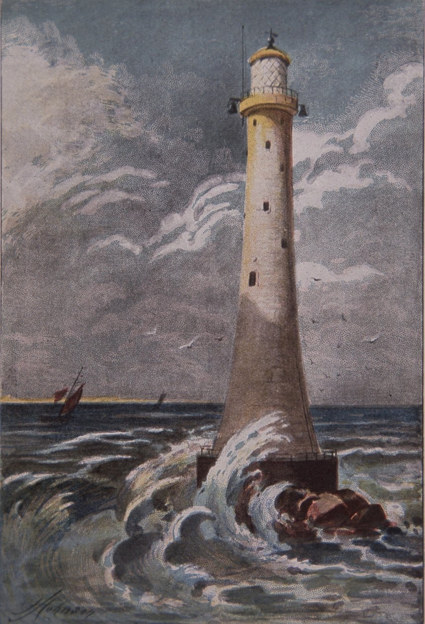 Eddystone fyrtårn, utenfor Plymouth, sent på 1800-tallet (farge litho) av British School