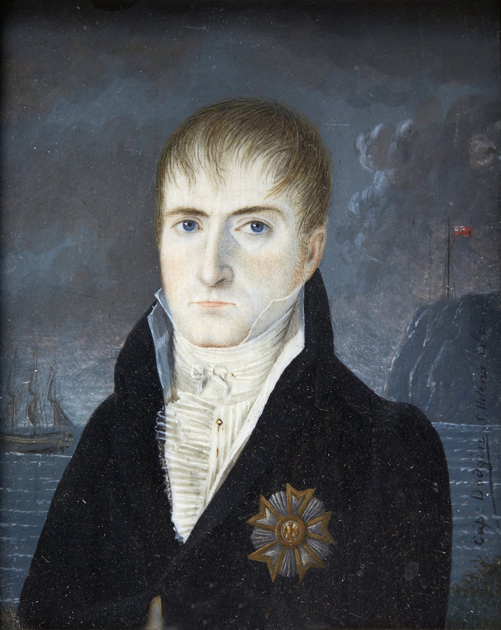 Keiser på øya Sainte-Helene - Portrett av keiser Napoleon 1. barhodet, i svart frakk, iført den store ørneplaketten av Æreslegionens orden - Portrett av Napoleon Bonaparte på øya Saint Helena av kaptein Dodgin (aktiv av British School