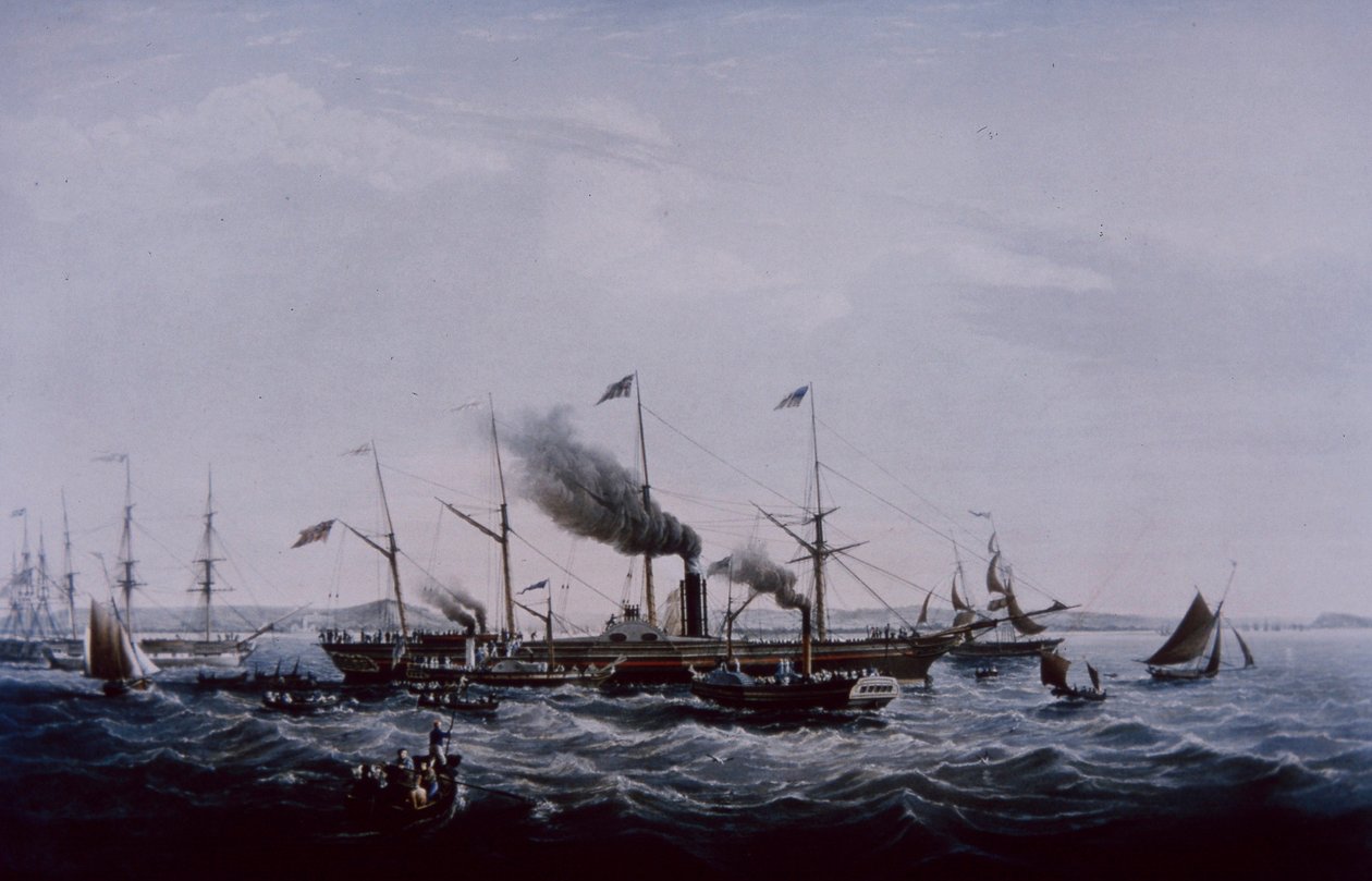 Great Western dampskip, designet av Brunel, fullført i Bristol 1837 (farge litho) av British School