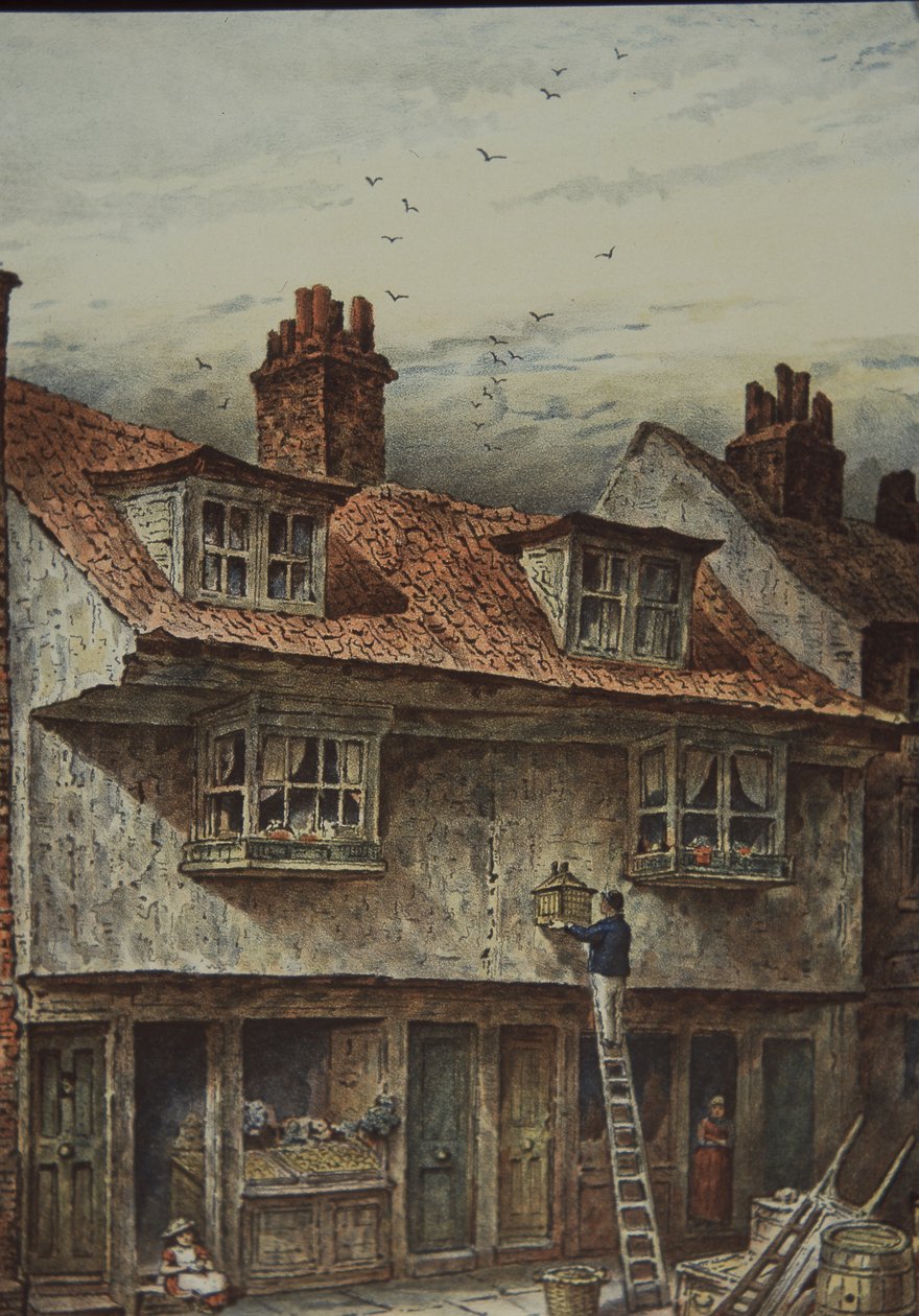 Hus på Saffron Hill, London, mellom Holborn og Clerkenwell, ca. 1883 (farge litho) av British School