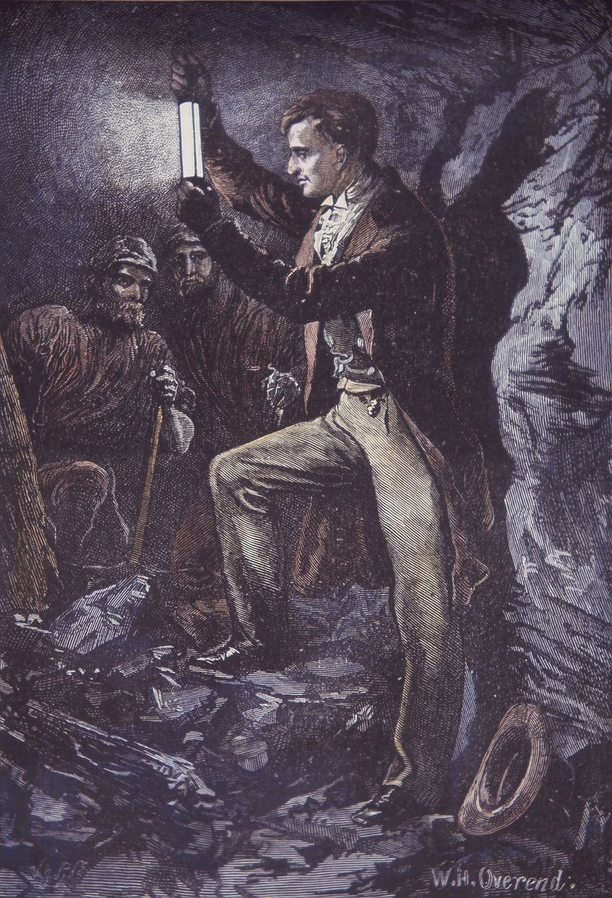 Humphry Davy med Davy sikkerhetslampe for gruvearbeidere, oppfunnet i 1815 (håndfarget tregravering) av British School
