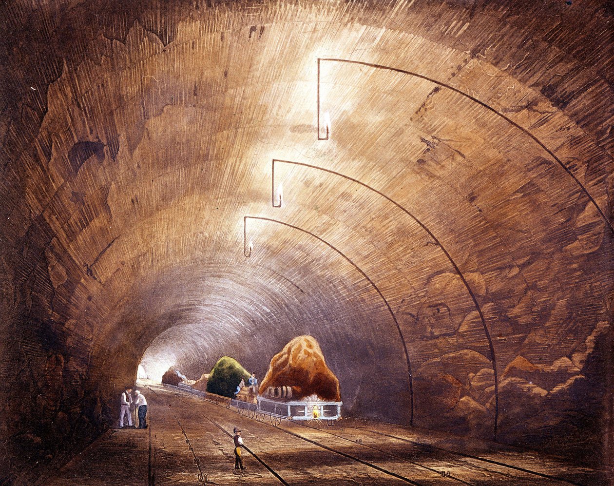 Industriell revolusjon: jernbanetunnel på linjen Manchester - Liverpool. Plate hentet fra "" Liverpool and Manchester Railway", London 1832. av British School