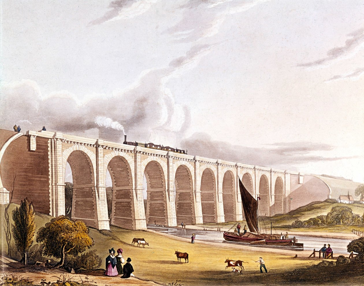Industriell revolusjon: utsikt over jernbaneviadukten som krysser Sankey-dalen. Plate hentet fra "" Liverpool & Manchester Railway"", London 1832. av British School