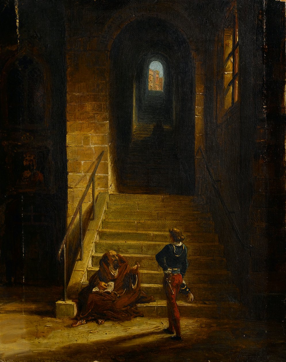 Interiør av et slott, med en sittende munk, ca. 1850 (olje på lerret) av British School