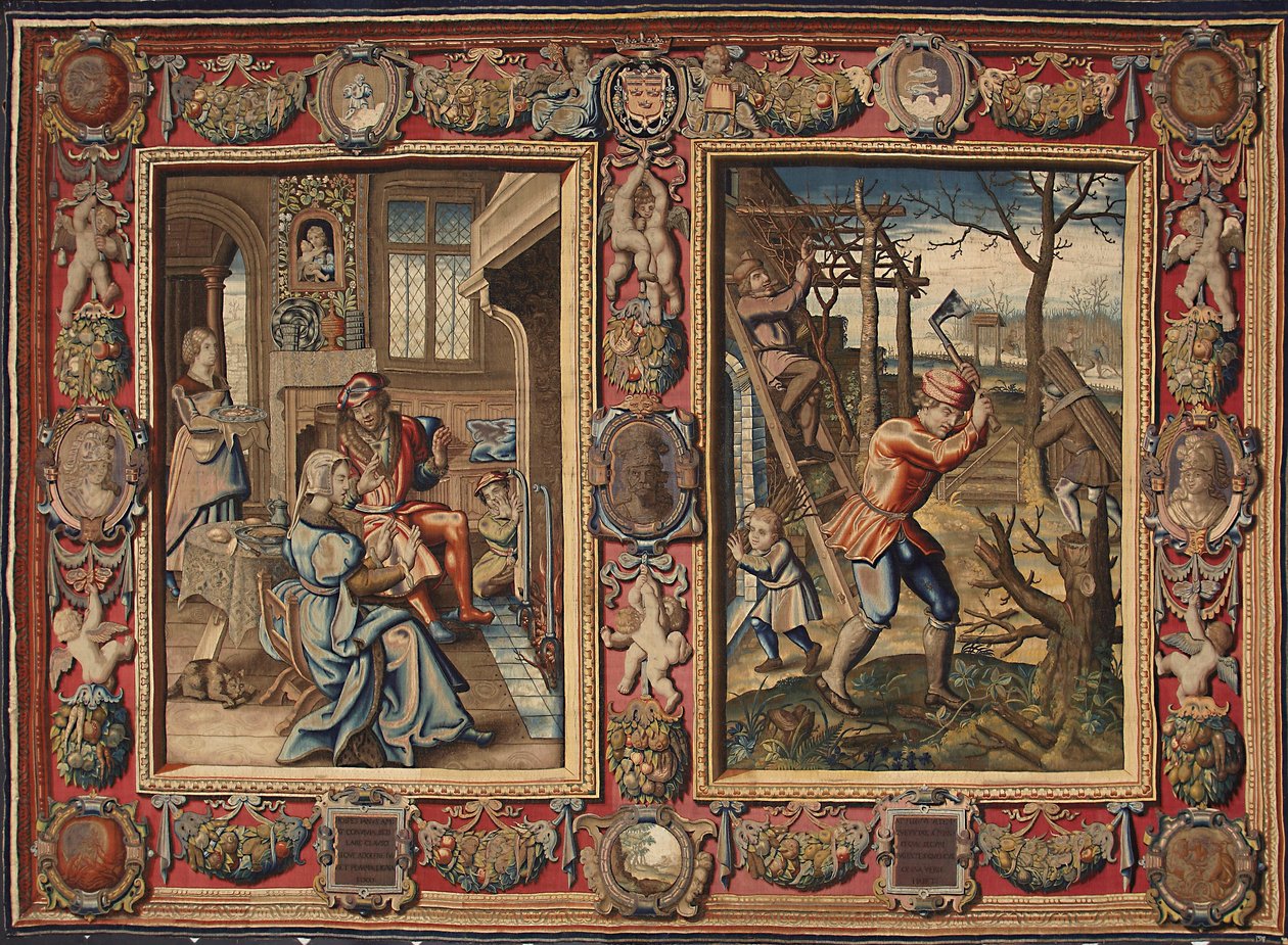 Januar og februar: "Et par ved bålet og en vedhogger"" Tapetet av produsentene til Mortlake. Genes fra 1600-tallet, Musei di Strada Nuova av British School
