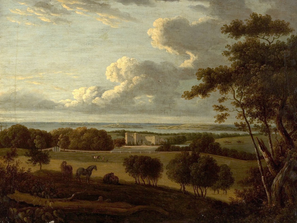 Landskap nær kysten (utsikt over et herskapshus med havet i det fjerne) (olje på lerret) av British School