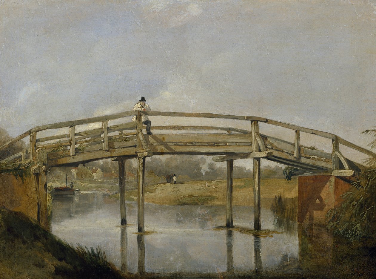 Landskap med en elv og bro, ca. 1830 (olje på lerret) av British School