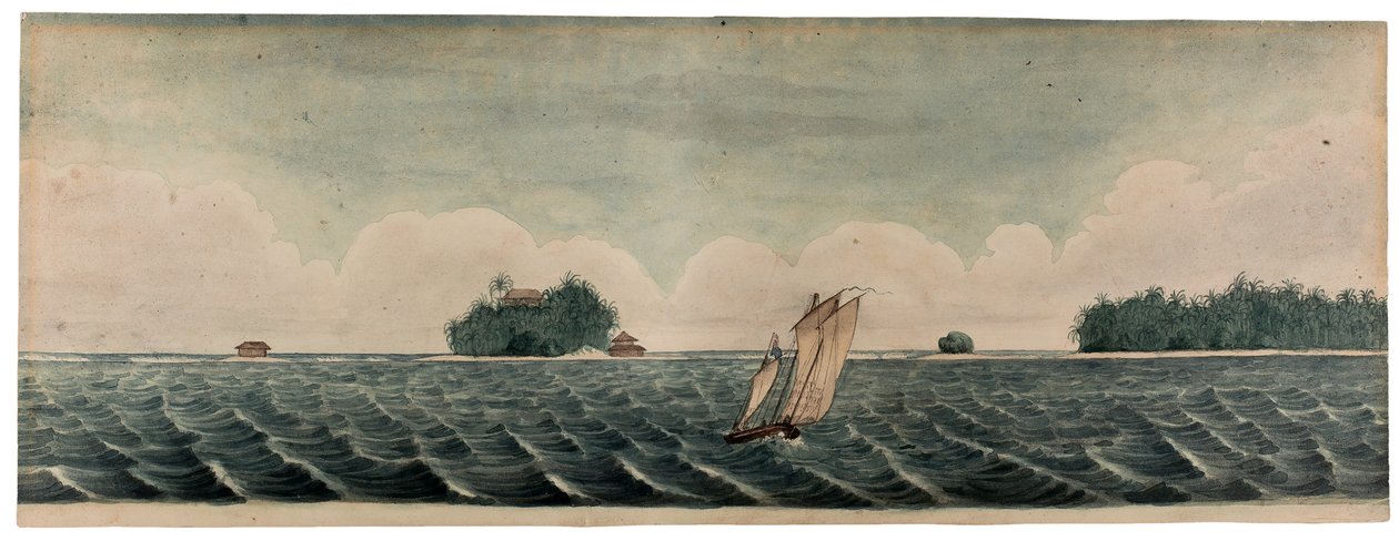 Mr Hares residens på Cocos- eller Keelingsøyene, ca. 1830 (akvarell på papir) av British School