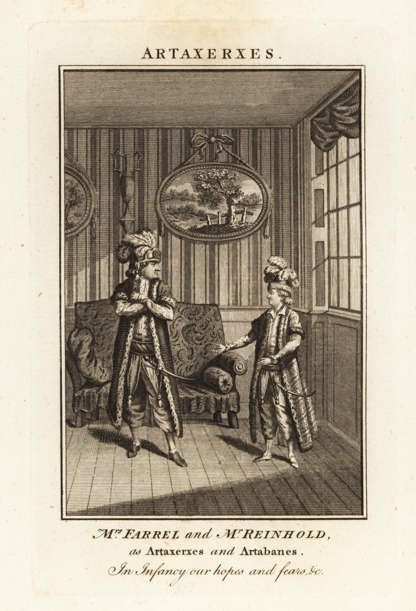 Fru Margaret Farrel og Mr Charles Frederick Reinhold i persisk drakt som Artaxerxes og Artabanes i Thomas Arnes opera Artaxerxes av British School