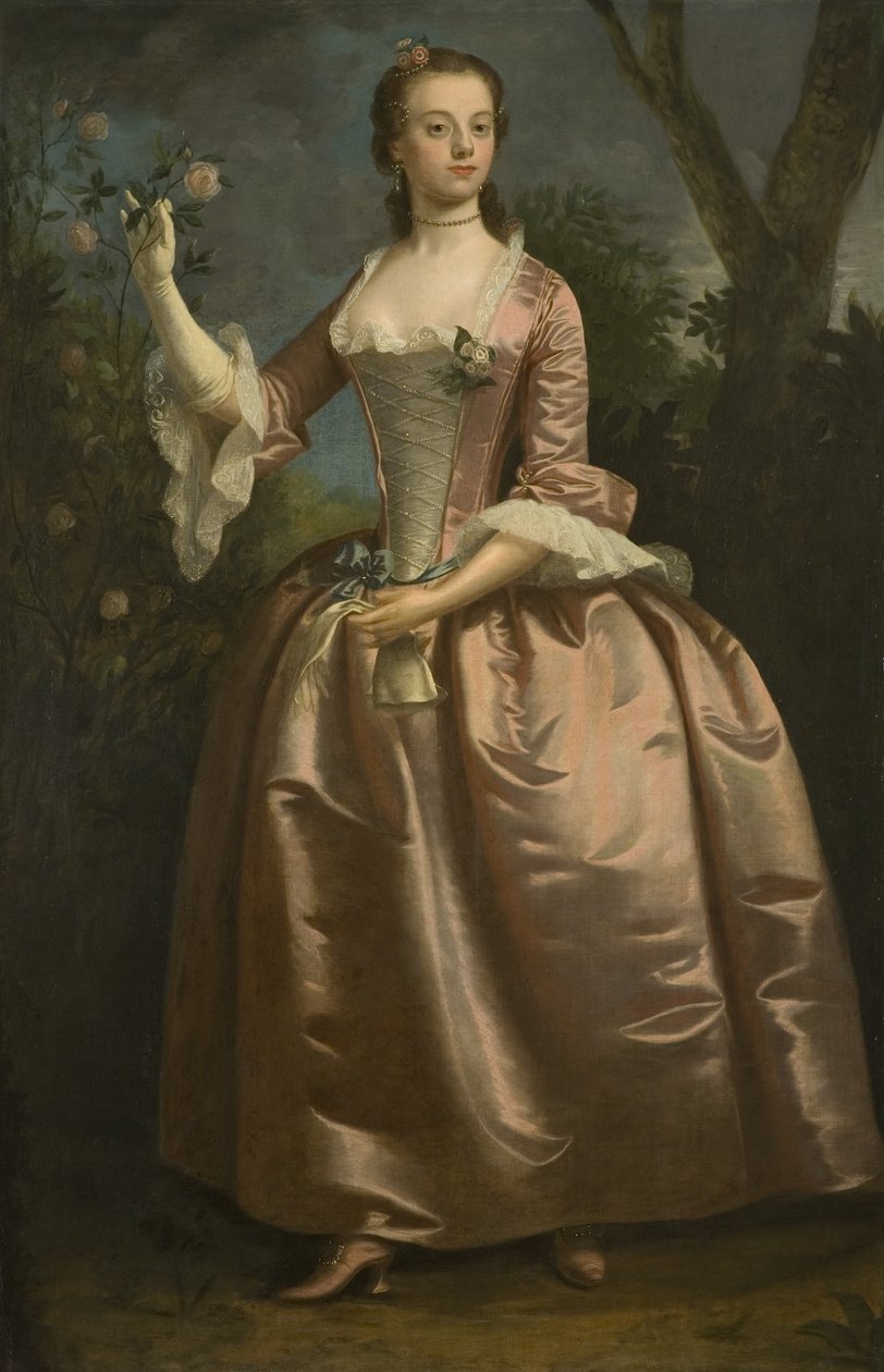 Portrett av en dame i en rosa kjole (olje på lerret) av British School