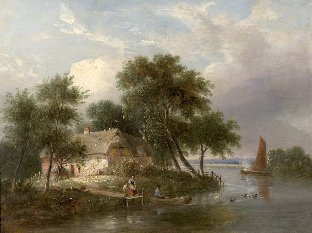 Elvescene (hytte og trær) (olje på tre) av British School