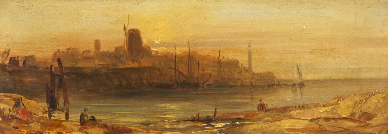 Solnedgang: Seaport and Lighthouse, ca. 1825 (olje på papir lagt ned på lerret) av British School