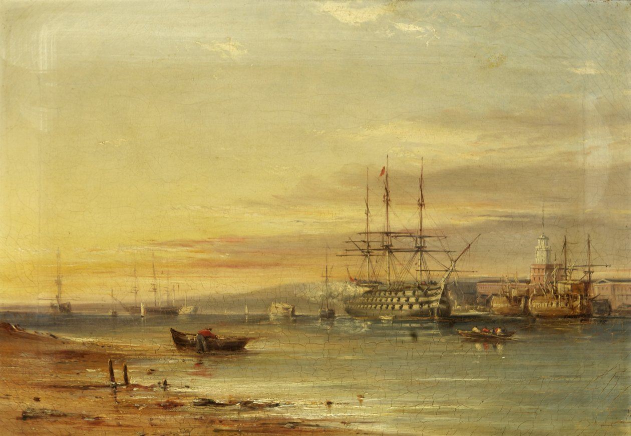 Utsikt over Portsmouth havn, som viser H.M.S. 