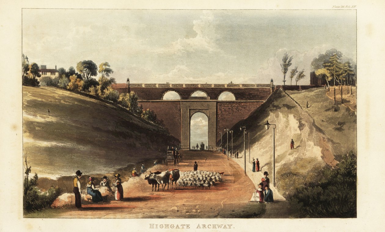 Utsikt over førere som kjører storfe og sauer til Smithfield Market under buegangen ved Highgate Hill av British School