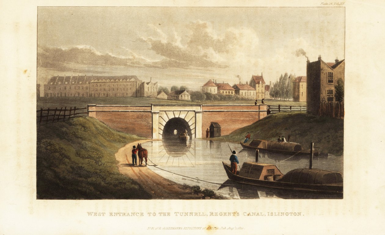 West Portal til Islington Tunnel, med en hest som sleper en lekter langs Regent