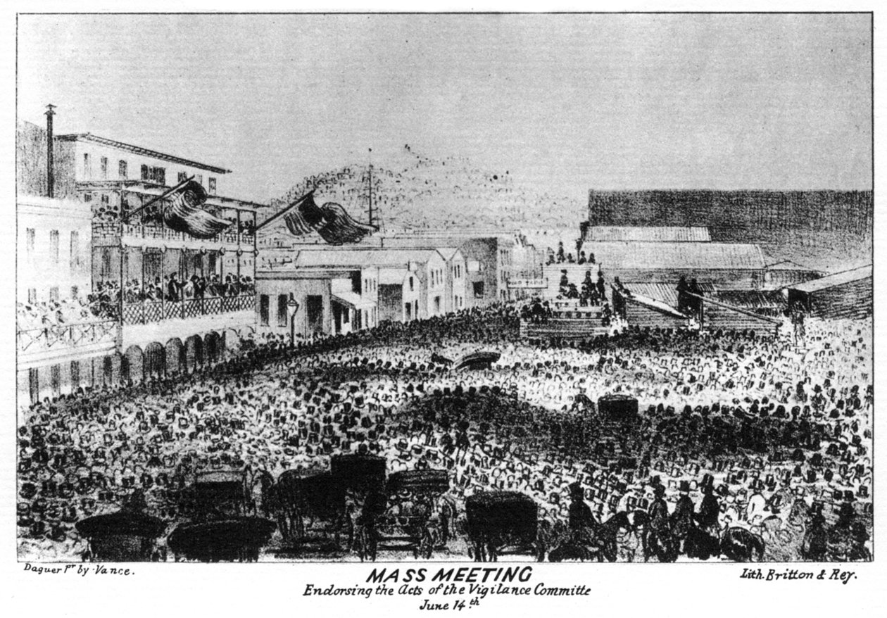 Et massemøte utenfor Fort Vigilant, Sacramento, California, 1856 1937. av Britton and Rey