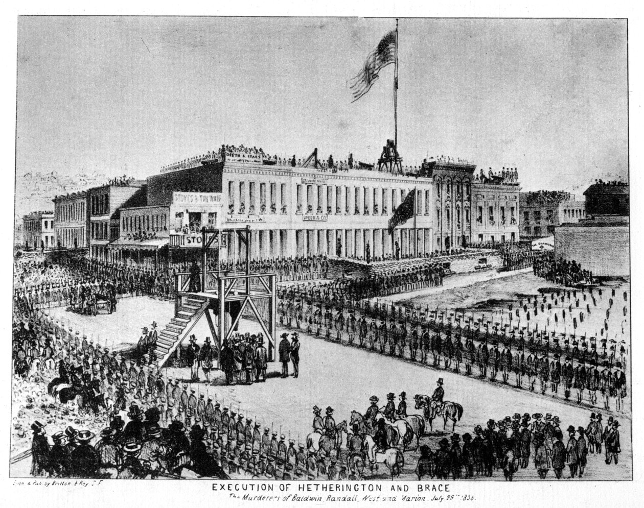 Henrettelsen av Hetherington og Brace, Fort Vigilance, Sacramento, California, 1856 1937. av Britton and Rey