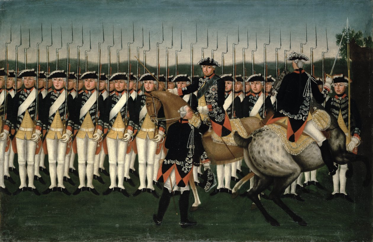 Friedrich II (1712-86) med Hessens garderegiment av Brock
