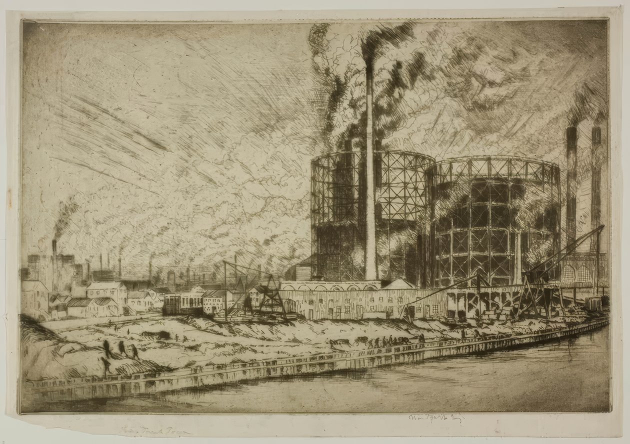 Chicago – Gas Tank Town, 29th St. og elven av Bror Julius Olsson Nordfeldt