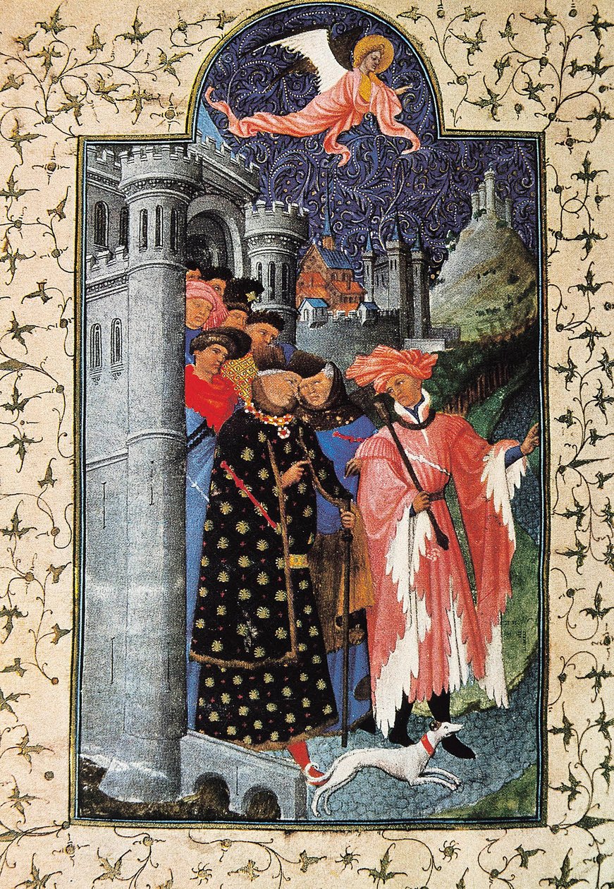 Hertug Jean de Berry (1340-1416) og hans eiendomsforvalter. Miniatyr av Jean Limbourg (1370-1416) for ""The Tres Riches Heures du Duc de Berry"" Circa 1440 Paris. B.N. av Brothers Limbourg