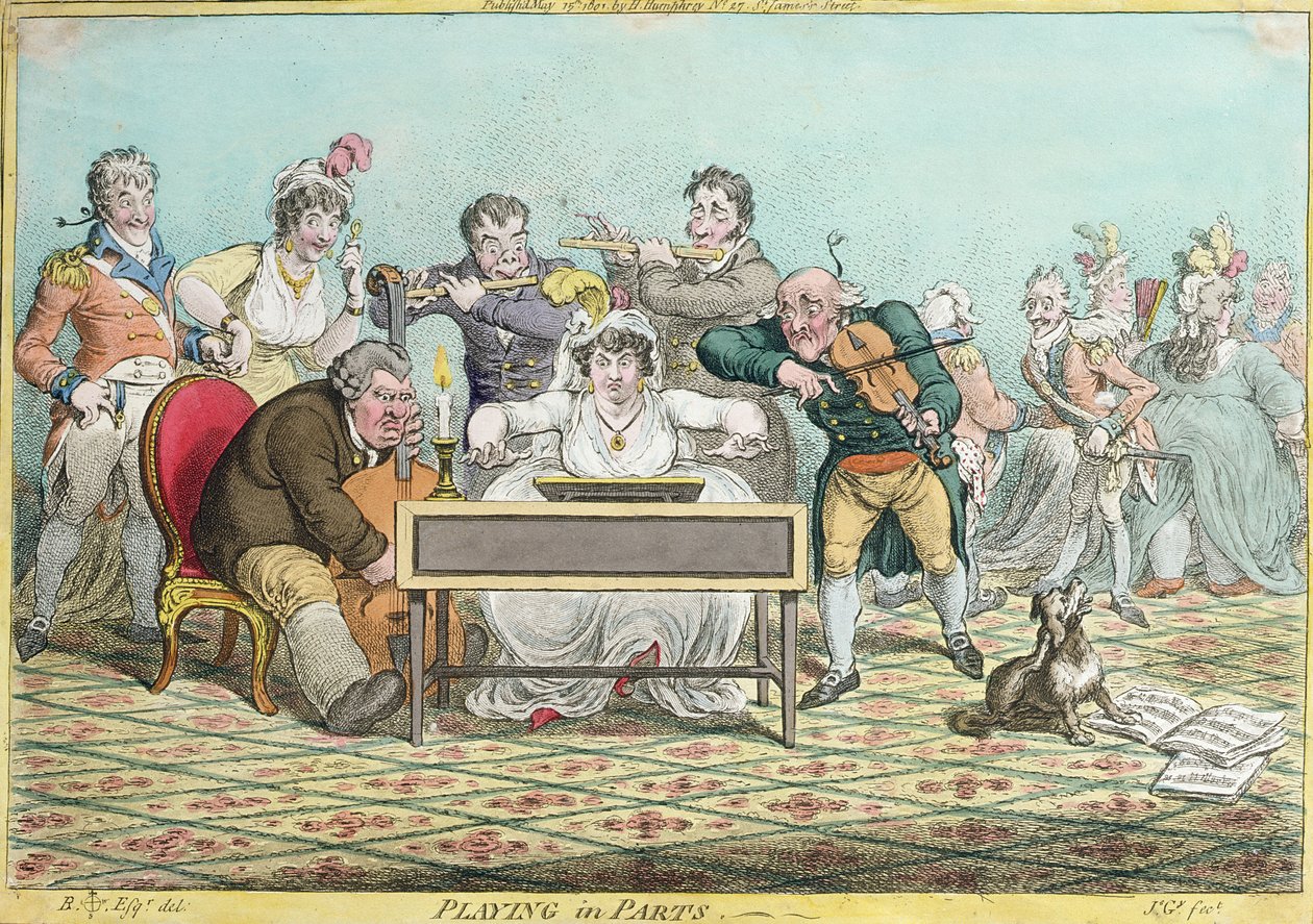 Playing in Parts, etset av James Gillray (1757-1815) utgitt av Hannah Humphrey i 1801 (håndfarget etsning) av Brownlow North