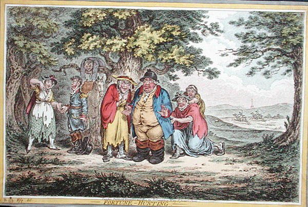 Fortune Hunting, etset av James Gillray (1757-1815) utgitt av Hannah Humphrey i 1804 (håndfarget etsning) av Brownlow (after) North