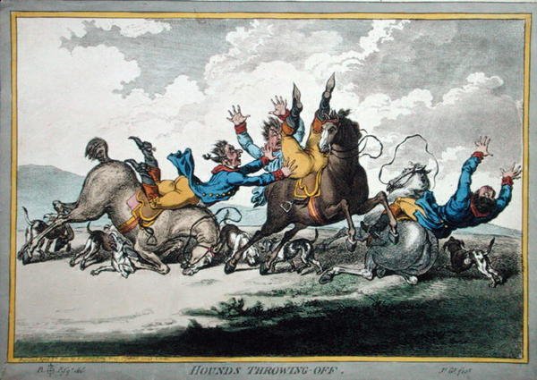 Hounds Throwing Off, etset av James Gillray (1756-1815) utgitt av Hannah Humphrey i 1800 (håndfarget etsning) (se også 191238) av Brownlow (after) North