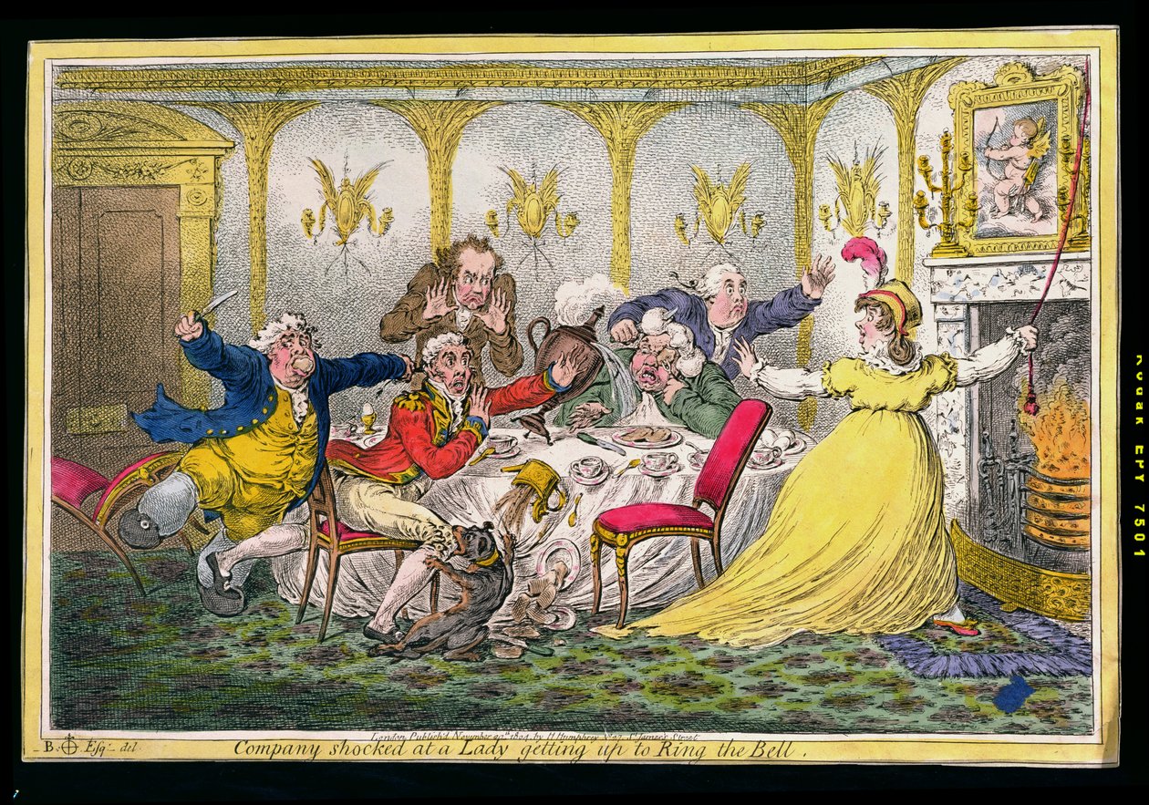 Selskap sjokkert over en dame som reiser seg til Ring the Bell, etset av James Gillray (1756-1815) utgitt av Hannah Humphrey i 1804 (håndfarget etsning) av Brownlow North