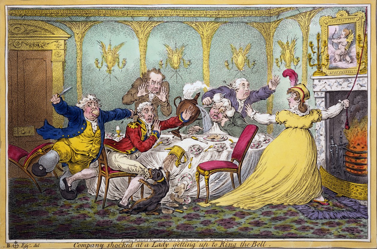 Selskapet sjokkerte over en dame som reiste seg til Ring the Bell, pub. H. Humphrey, London, 1804 (håndfarget gravering) av Brownlow North