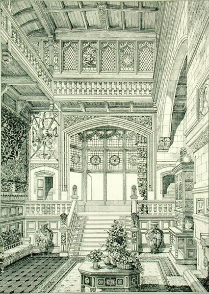 Hall og trapp, fra "Eksempler på gamle og moderne møbler" av Bruce James Talbert