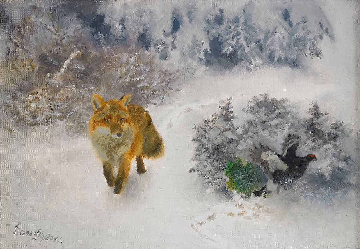 Fox and Black Grouse cock in winter landscapenSvenska: Rav och orrtupp i vinterlandskapn av Bruno Andreas Liljefors