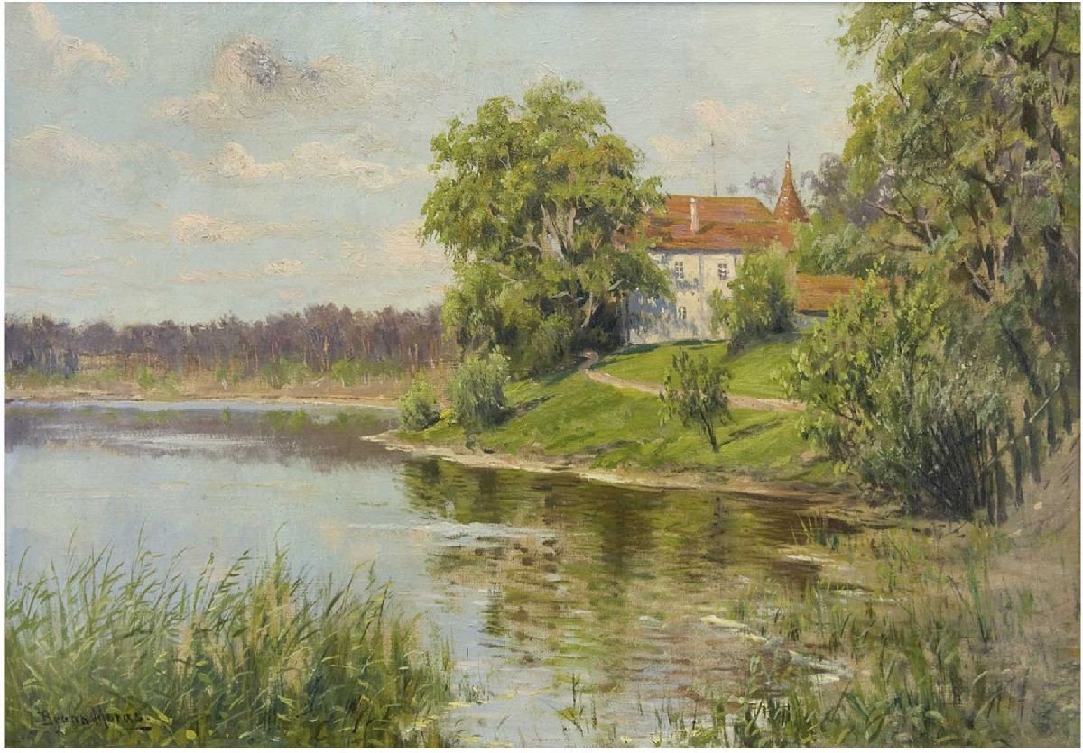 Utsikt over innsjøen med PfarrhausnTysk: Strandlandskap med små sognekirkerTysk: Haus am Wannseen av Bruno Moras